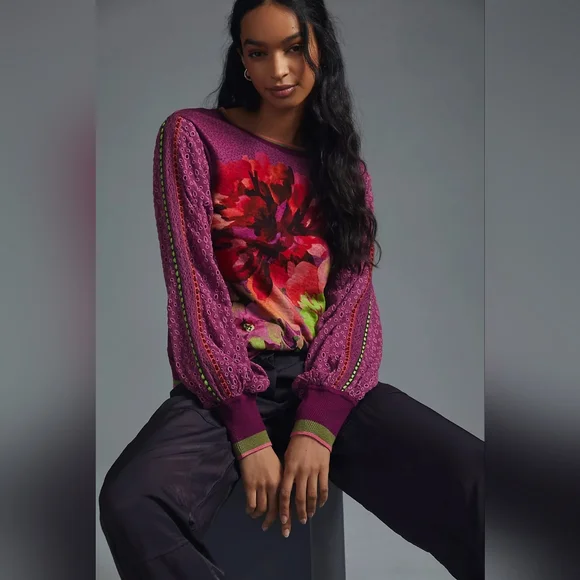 Anthropologie Purple Floral Knit Sweater - Picture 1 of 8
